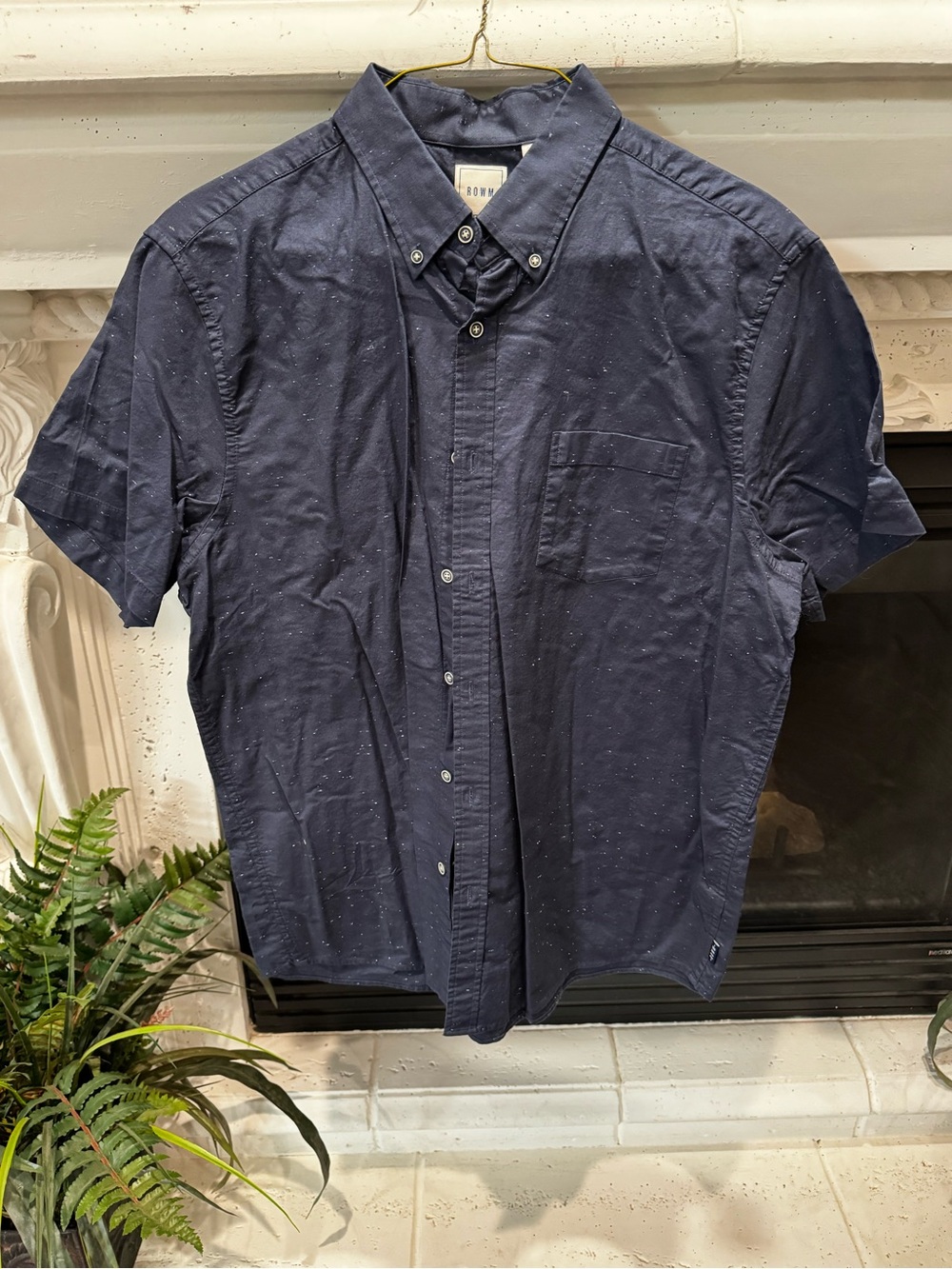 ROWM Short-Sleeve Navy Button-Down Shirt with Subtle Dot Texture
